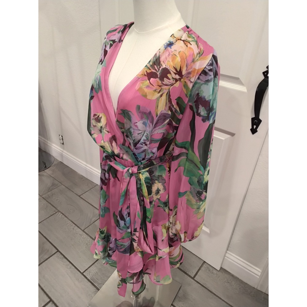 Alex Marie Pink Floral Wrap V-Neck Ruffle Hem Long Sleeve Dress Size 4 NEW - Picture 5 of 11